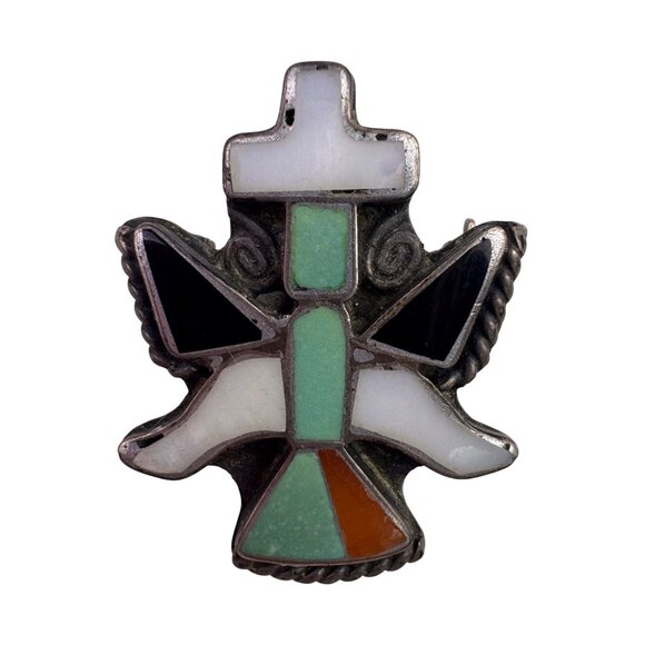Vintage Zuni Native American Sterling Silver Inlay Pin/Brooch Multicolor